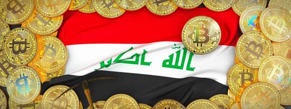 Irak bayrağı ve kazma left.3d Illus üzerinde çevresinde Bitcoins altın