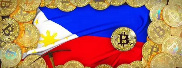 Filipinler bayrağı ve kazma left.3 üzerinde çevresinde Bitcoins altın