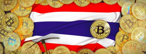 Bitcoins altın Tayland bayrağı ve kazma left.3d üzerinde etrafında ben