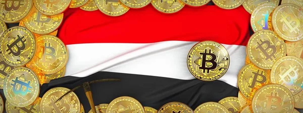 Yemen bayrak ve kazma left.3d Hüseyin üzerinde çevresinde Bitcoins altın