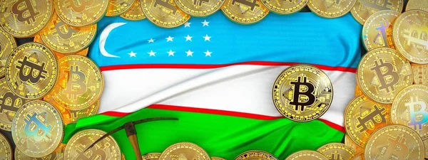Özbekistan bayrağı ve kazma left.3d üzerinde çevresinde Bitcoins altın