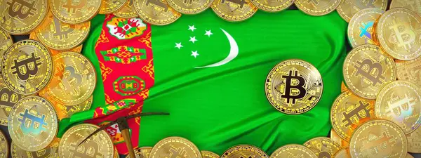 Türkmenistan bayrağı ve kazma sol çevresinde Bitcoins altın.