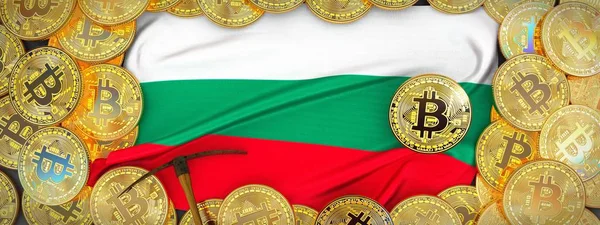 Bulgaristan bayrağı ve kazma left.3d üzerinde çevresinde Bitcoins altın ben