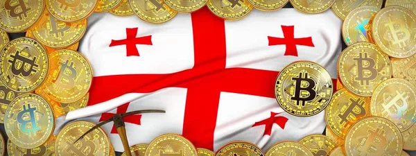 Georgia bayrak ve kazma left.3d Il üzerinde çevresinde Bitcoins altın