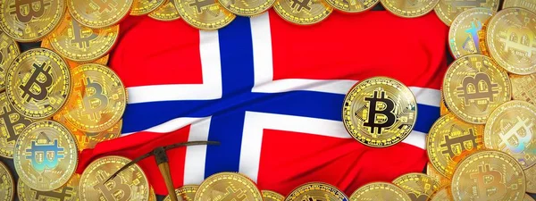 Norveç bayrağı ve kazma left.3d hasta üzerinde çevresinde Bitcoins altın