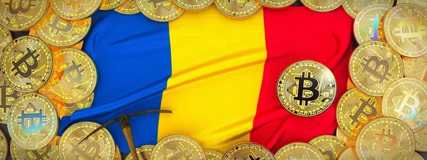 Romanya bayrağı ve kazma left.3d Il üzerinde çevresinde Bitcoins altın