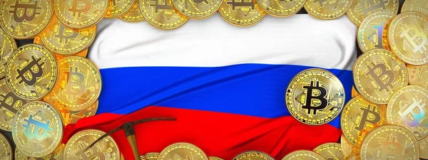 Rusya bayrağı ve kazma left.3d hasta üzerinde çevresinde Bitcoins altın