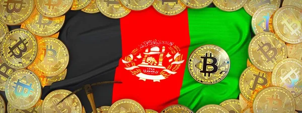 Bitcoins Gold autour du drapeau afghan et pioche sur la gauche.3 Images De Stock Libres De Droits