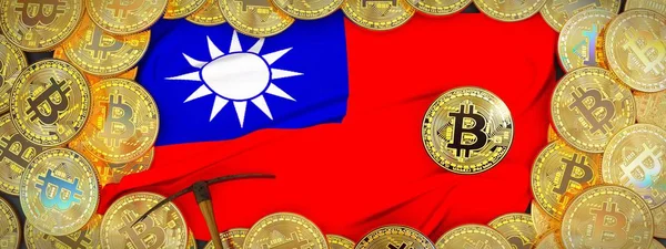 Bitcoins Or autour du drapeau de Taiwan et pioche sur la gauche.3D Ill Images De Stock Libres De Droits