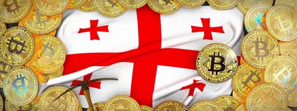 Bitcoins Or autour du drapeau de la Géorgie et pioche sur la gauche.3D Il Images De Stock Libres De Droits