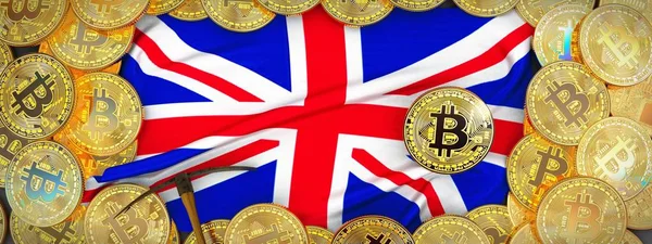 Bitcoins Gold autour drapeau du Royaume-Uni et pioche sur la gauche Images De Stock Libres De Droits