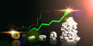 Bitcoin yükselen para yön grafik ve dijital işareti koyu arka plan üzerinde ticaret eşit. 3D çizim.