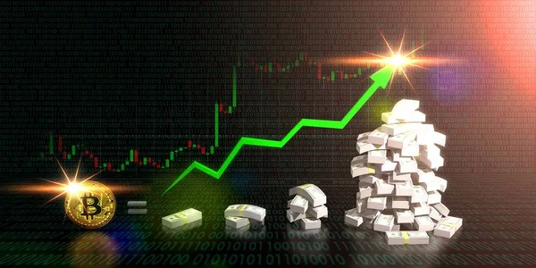 Bitcoin yükselen para yön grafik ve dijital işareti koyu arka plan üzerinde ticaret eşit. 3D çizim.