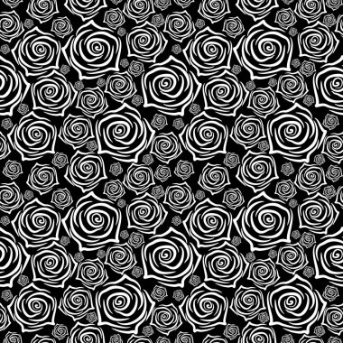 Siyah arka plan üzerine beyaz gül güzel seamless modeli. Vektör çizim.