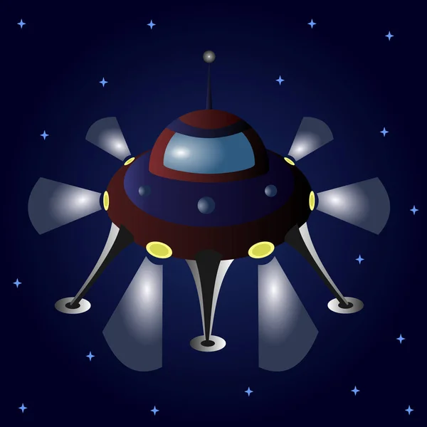 Kreslené létající talíř mezi hvězdami. UFO. — Stockový vektor