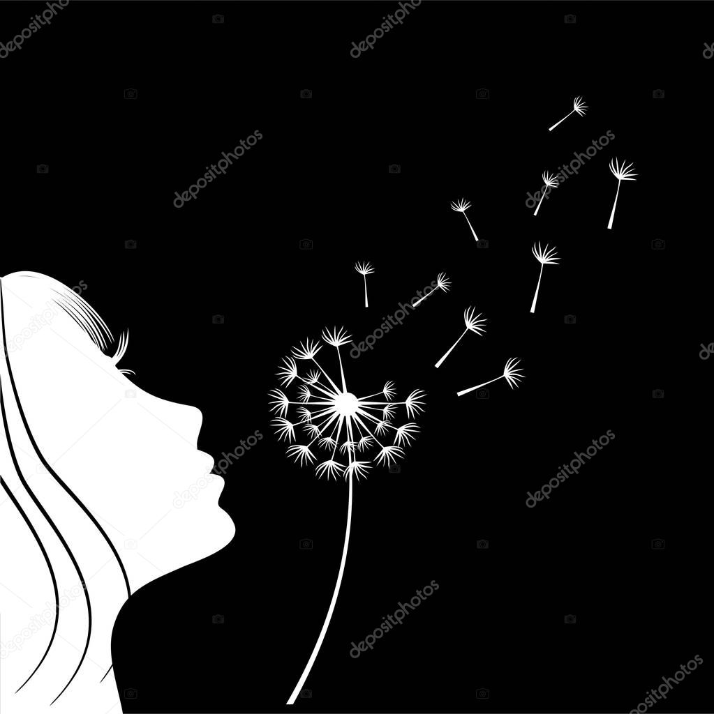 The girl is blowing a dandelion. Silhouette.