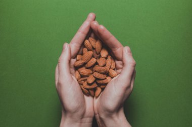 Yeşil arka planda badem tutan ellerin üst görüntüsü. Taze sağlıklı yiyecekler. Çiğ vegan tarifi. Vejetaryen yemeği.