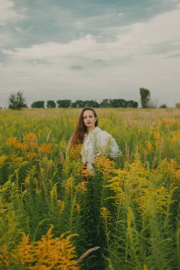 Doğa arka planında klasik elbiseli bir kızın portresi. Güneşli bir yaz gününde tarlada uzun saçlı bir kız. Eski moda elbise..