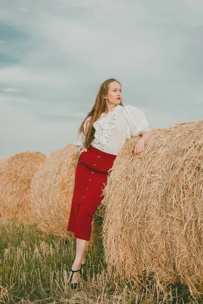 Portrait of a girl in a vintage dress on nature background. A girl with long hair in a field on a summer sunny day. Fashion vintage dress.