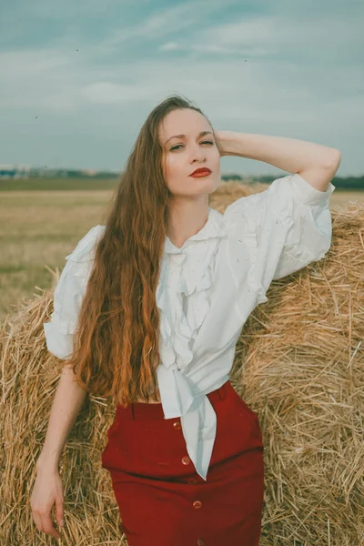 Portrait of a girl in a vintage dress on nature background. A girl with long hair in a field on a summer sunny day. Fashion vintage dress.