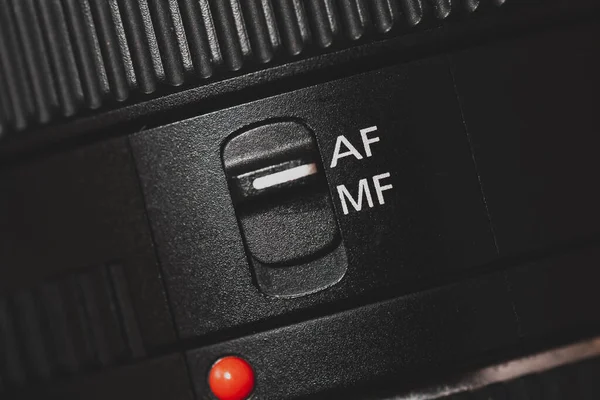 Kamera Lensindeki Düğmesine Yakın Çekim Otomatik Odaklama Düğmesinin Bir Kamera — Stok fotoğraf