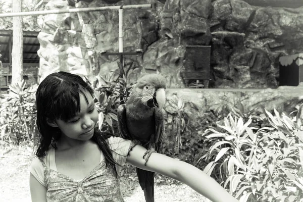 女孩和金刚鹦鹉 — 图库照片