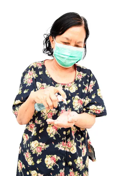 Asijské Starší Žena Asie Etnické Nosí Zdravotní Masku Drží Ruční — Stock fotografie
