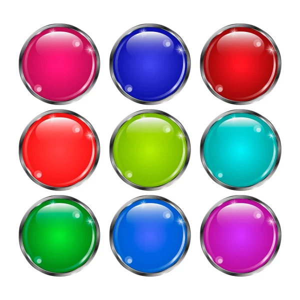 Set of glass round buttonsin  in a silver frame. Illustration vector — Stock Vector