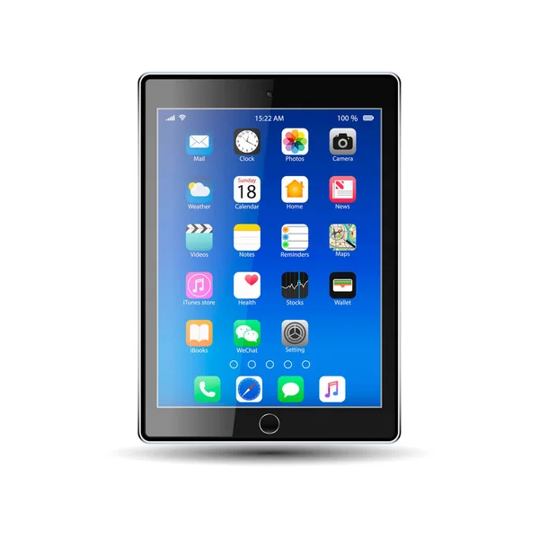 Tablet con icone, schermata blu — Vettoriale Stock