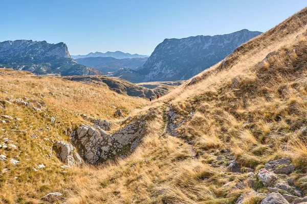 Rotsachtige bergen bedekt met herfstweide tegen de blauwe lucht — Stockfoto