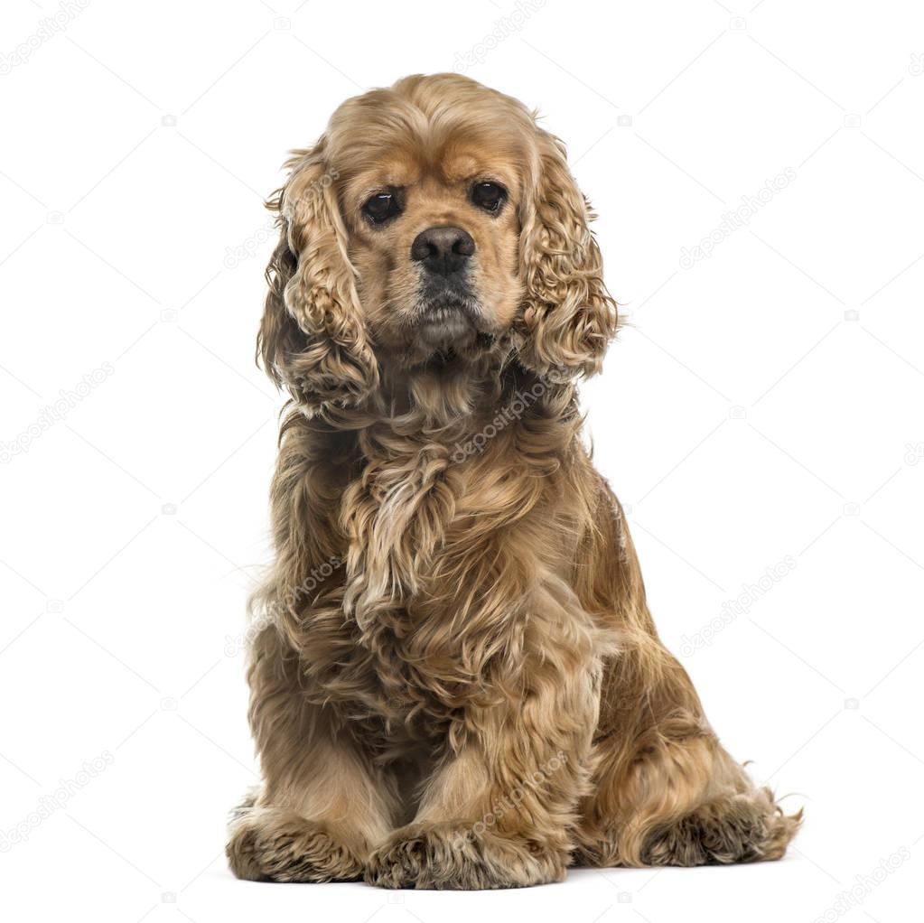 American cocker spaniel sitting, 6 years, isolated on white