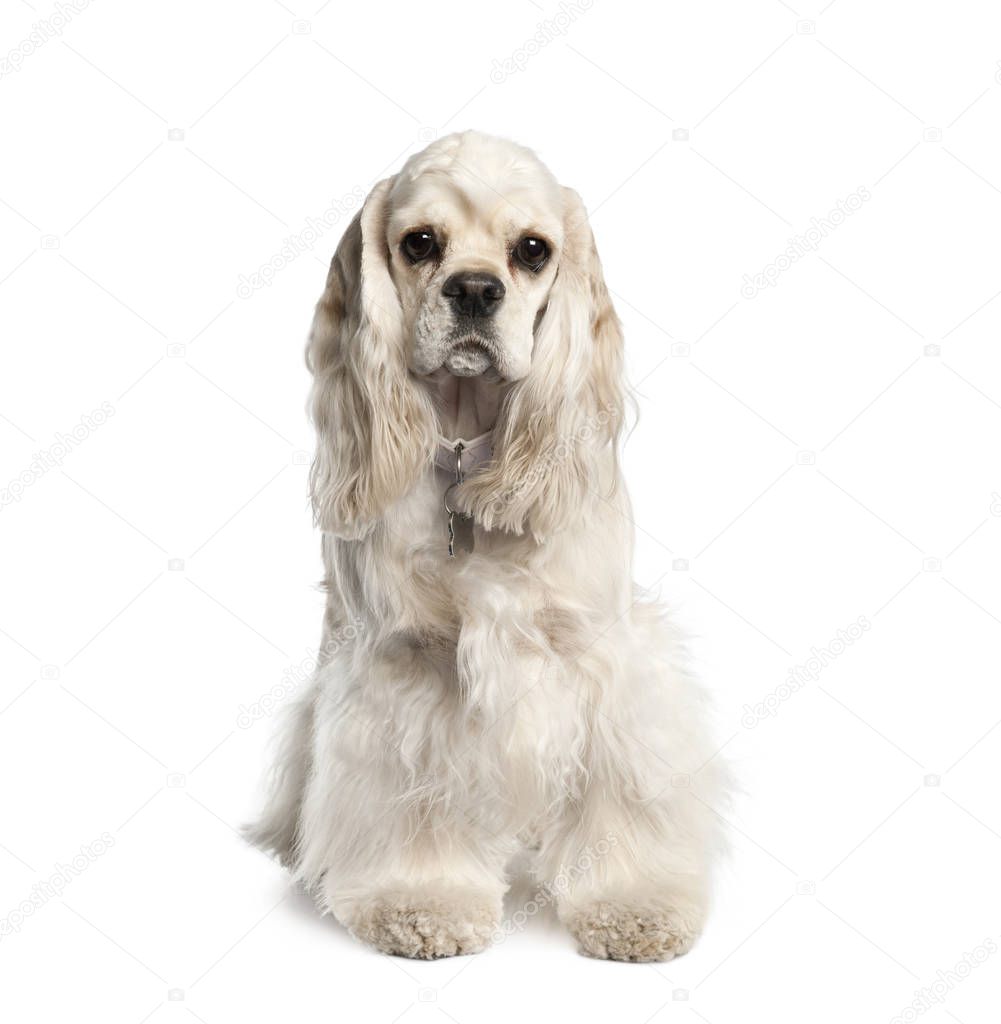 Portrait of American Cocker Spaniel, 1 year old, sitting in fron