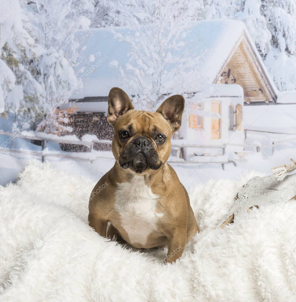 French Bulldog sitting against winter landscape, portrait