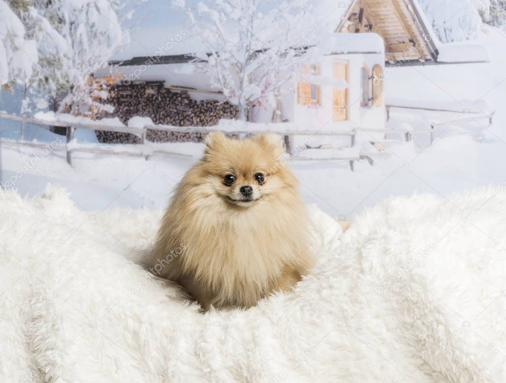 Pomeranian sitting on fur rug in winter scene, smiling