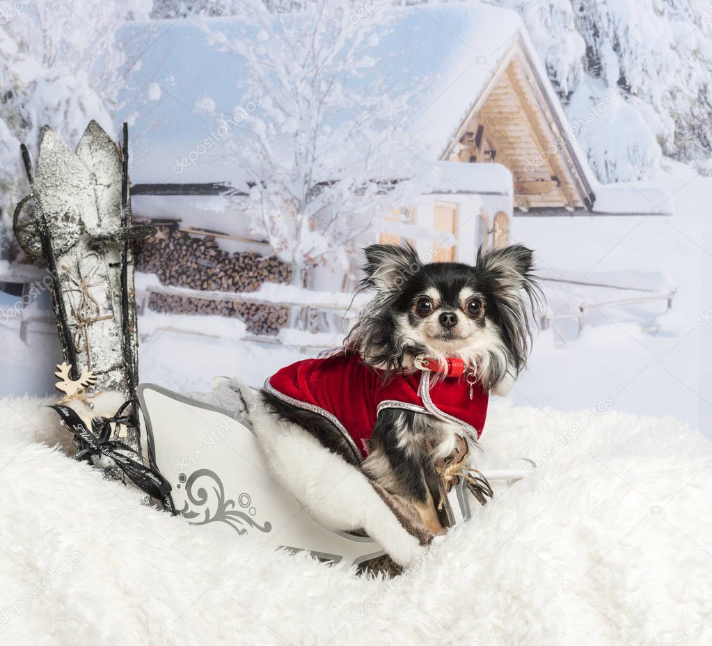 Chihuahua sitting in sleigh against winter scene, portrait