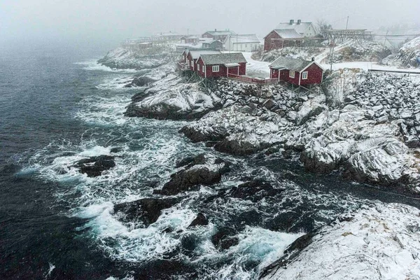 Hamnoy Νορβηγία Ψαροχώρι Στις Νήσους Lofoten Κατά Διάρκεια Χιονοθύελλας — Φωτογραφία Αρχείου