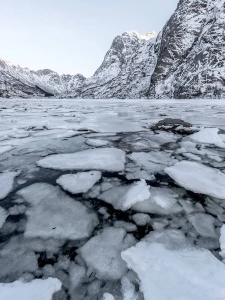 Winterlandschap Aan Een Meer Tijdens Winter Lofoten Sneeuw Ijs Smelten — Stockfoto