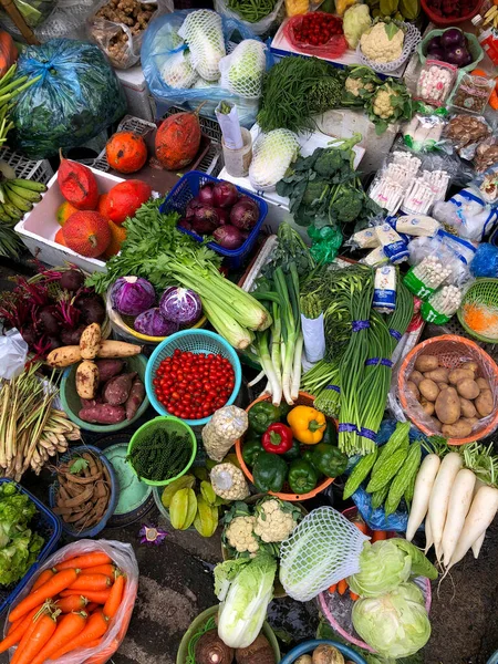 Vue Dessus Sur Large Assortiment Légumes Fruits Vrac Rangée Vendre — Photo