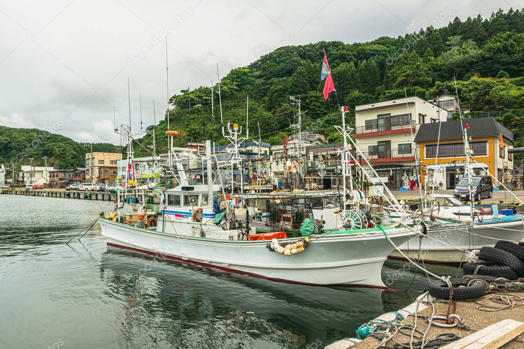 View of fishing boats in the port of Kodomari in Aomori Prefecture, Honshu, Japan