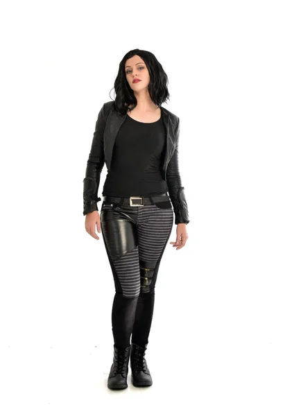 Full Length Portrait Black Haired Girl Wearing Leather Outfit Standing — Stock Photo, Image