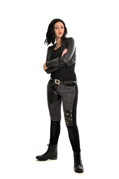 Portret Van Volledige Lengte Van Zwarte Haired Meisje Lederen Outfit — Stockfoto