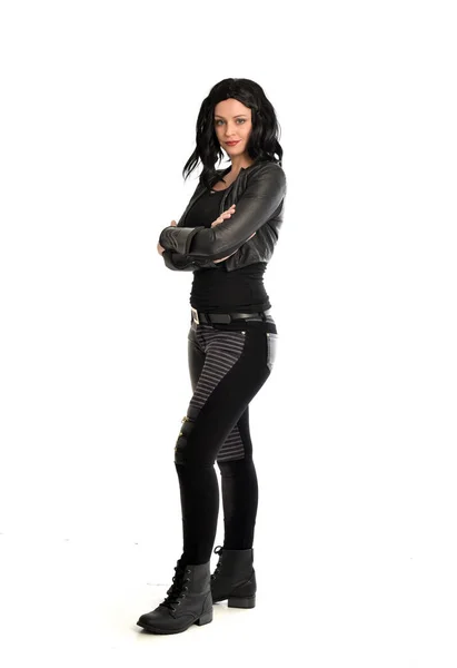 Full Length Portrait Black Haired Girl Wearing Leather Outfit Standing — Stock Photo, Image