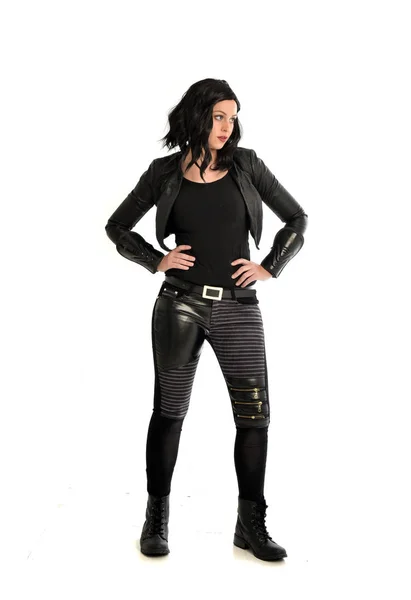 Full Length Portrait Black Haired Girl Wearing Leather Outfit Standing — Stock Photo, Image