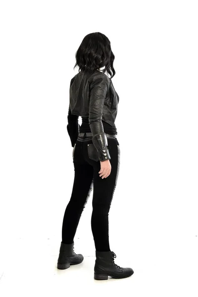 Full Length Portrait Black Haired Girl Wearing Leather Outfit Facing — Stock Photo, Image