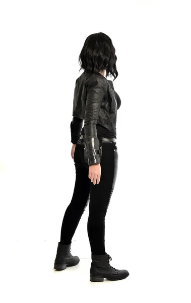 Full Length Portrait Black Haired Girl Wearing Leather Outfit Facing — Stock Photo, Image