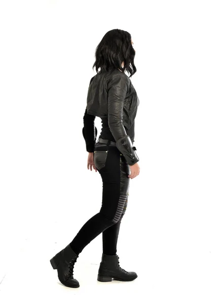 Full Length Portrait Black Haired Girl Wearing Leather Outfit Facing — Stock Photo, Image