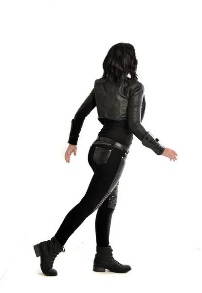 Full Length Portrait Black Haired Girl Wearing Leather Outfit Facing — Stock Photo, Image