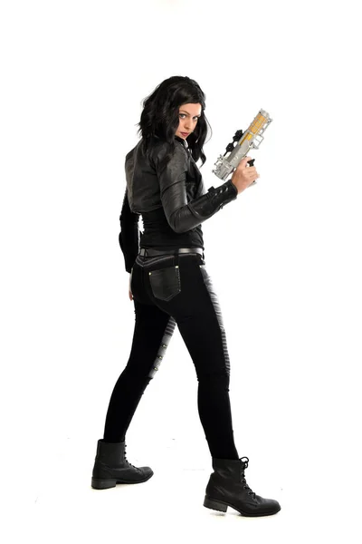 Full Length Portrait Black Haired Girl Wearing Leather Outfit Standing — Stock Photo, Image