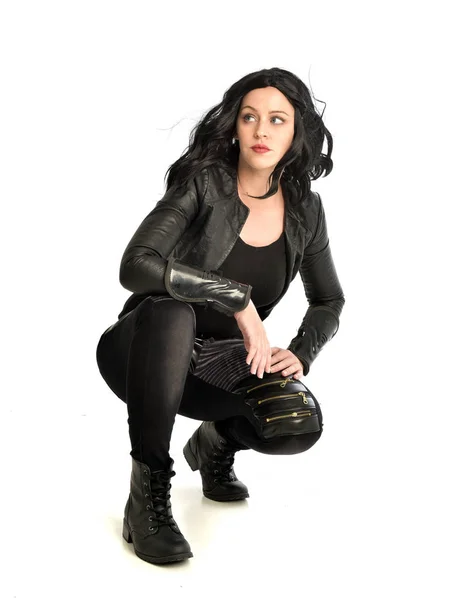 Full Length Portrait Black Haired Girl Wearing Leather Outfit Seated — Stock Photo, Image