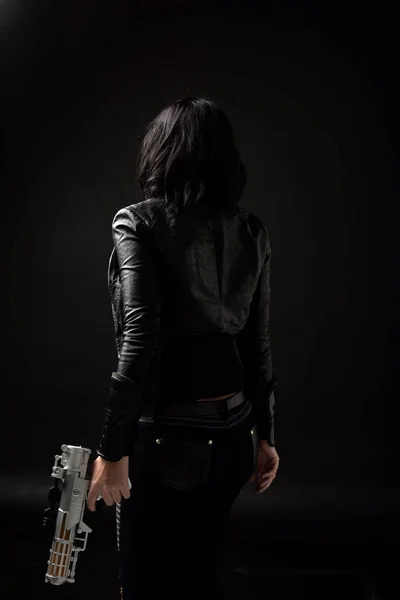 Portrait Black Haired Girl Wearing Leather Clothes Moody Lighting Black — Stock Photo, Image